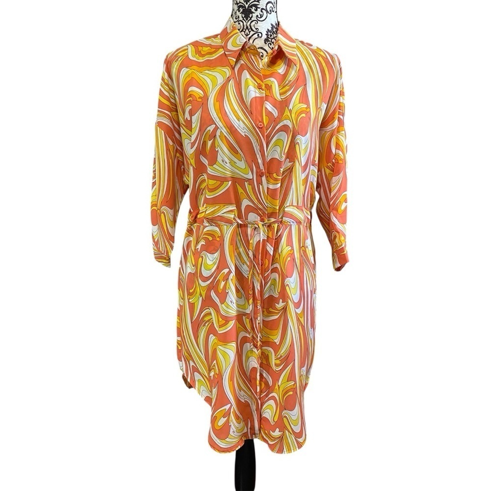 CHERRY Multicolor Button-Down Tie-Waist Shirt Dress Sz-Medium